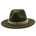 Dark green wool felt jazz hat with bohemian embroidered band and wide flat brim - Army Green