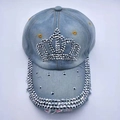 Light blue denim baseball cap with rhinestone crown and shiny crystal brim detail - Adjustable / Sky Blue Denim