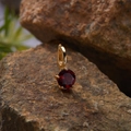 Macro shot of gold S925 silver pendant with round cut dark red gemstone on rock - Natural Garnet Round Pendant Gold