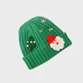 Green knitted Christmas beanie with Santa Claus and festive tree embroidery ornaments - M (54-60cm) / Green Santa Claus