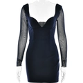Detail of navy blue dress with sheer mesh long sleeves and a sweetheart neckline cut - S / Navy Blue