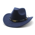 Close-up of wool cowboy hat with leather band featuring blue V-stitches and brass metal - M (56-58cm) / Navy Blue