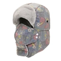 Winter bomber hat in grey graffiti print with faux fur lining and matching face mask - Standard Type / Blue
