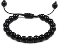 Verstellbares Armband mit schwarzen glänzenden Perlen und geflochtenem Kordelzug - Glänzendes schwarzes Steinarmband