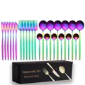 Macro view of 24-piece rainbow stainless steel cutlery set with black textured gift box - 24-Piece Set / Iridescent