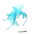 Detalle de tocado de malla azul verdoso con plumas, incluye diadema y clip para el pelo - Azul Lago