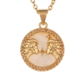 Macro detail of Gemini zodiac pendant with white shell base and orange zircon frame - Gemini