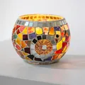 Mosaic glass candle holder with warm autumn sun patterns in red orange and silver - Autumn Warm Sun