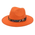 Detail of bright orange straw fedora with colorful snakeskin band and metal buckle - M (56-58cm) / Orange