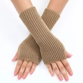 Women's camel ribbed knit fingerless gloves long arm warmers shown on a model - One Size / Khaki