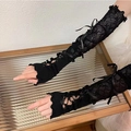 Gothic black lace arm warmers with silk bow lace-up ribbons in Y2K ballet style - Lace-up Long Arm Sleeves Black