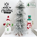 Albero di Natale floccato bianco da 30cm con due pupazzi di neve e base in legno - Bianco/30CM