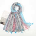 Detailed view of bohemian printed cotton linen scarf with blue tassels and geometric patterns - Xb764-01 / 180*90CM