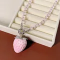 Pink velvet strawberry pendant necklace with faceted crystal beads and silver clasp - Pink Strawberry Glass Beaded Necklace