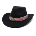 Detail of black felt cowboy hat with bohemian pink jacquard band and vintage metal buckle - M (56-58cm) / Black