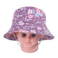 Detail of baby floral sun hat in purple with a secure elastic white chin strap - 50cm / Purple Floral