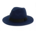 Classic dark blue wool fedora hat for men and women with black ribbon band trim - M (56-58cm) / Navy Blue