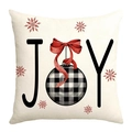 Christmas Joy throw pillow cover with red snowflakes and plaid ornament on beige linen - Beige Joy