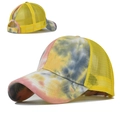 Women tie dye mesh ponytail sun hat with adjustable velcro strap in bright colors - Pink Yellow Tie-Dye