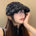 Japanese retro black beret with 3D floral texture and vintage style for women - 3D Camellia - Black