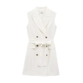 Elegante witte mouwloze blazerjurk met dubbele knopenrij, tailleriem en reverskraag - XS / Wit