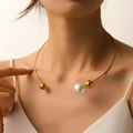 Gold vacuum-plated stainless steel neck collar with large pearl and small metal beads - S401 Gold Choker / Gold