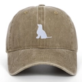 Detailed view of khaki washed cotton baseball cap with white dog embroidery and vintage texture - Khaki