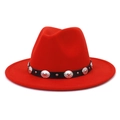 Close-up of red wool felt fedora featuring a black belt with silver metal buckle detail - Orange