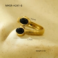 Gold open ring with two black oval natural stones and textured stainless steel band - One Size / Black