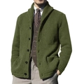 Detail of olive green cable knit cardigan texture and button closure for men - M / Tops / Army Green