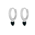 Minimalist silver heart earrings with sparkling cubic zirconia and black enamel drops - Silver - Black