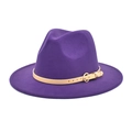 Detail of purple wool fedora hat featuring a beige faux leather belt with a gold metal buckle - M (56-58cm) / Purple