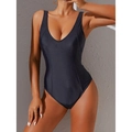 Slimming black one-piece swimsuit for women featuring a sexy deep V-neck and wide straps - S / Black