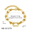 Detailed view of gold plated stainless steel heart bracelet with paved zircon and size specs - Geometric Heavy Duty Rectangular Buckle Zirconia Bracelet (NB-B1279)