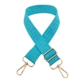 Detail of dark blue Greek fret patterned wide bag strap with gold metal swivel hooks - Sky Blue