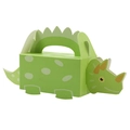 Green triceratops shaped folding candy box with white polka dots for party favors - Green