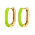 Close-up of gold-plated oval hoop earrings with vibrant green enamel glaze finish - Green Gold