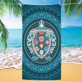 Detail of sea turtle mandala beach towel hanging by tropical palms and ocean waves - Sea Turtle Beach Towel 12
