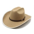 Classico cappello da cowboy in feltro di lana cammello con nastro in pelle marrone e bordo bianco - M (56-58cm) / Cammello