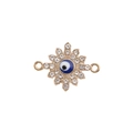 Detailed view of evil eye connector with gold finish and sparkling rhinestones - Gold Flower Eye / 10 Pieces Pack