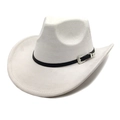 Vue détaillée du chapeau de cowboy en suède beige avec bande et boucle en argent - M(56-58cm) / Poche zippée