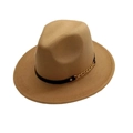 Detail of camel wool fedora hat with black band and gold chain accent on wide brim - One Size / Dark Khaki