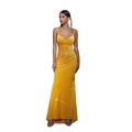Elegantes gelbes Samt-Abendkleid mit Pailletten, schmale Passform und Spaghettiträgern - S / Gelb