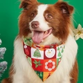 Christmas dog bandana with snowman and tree patterns worn by a Border Collie - Multicolor Patchwork Snowman Style