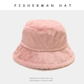Stylish light pink plush fisherman hat made of soft faux fur for autumn and winter warmth - M (56-58cm) / Pink