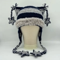 Handmade navy and grey striped crochet cat ear beanie with faux fur trim and star charms - Black and Gray