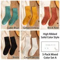 Five pairs of thick winter crew socks in blue, yellow, red, black, and beige colors - One Size / Women's High Elastic Mix Group A