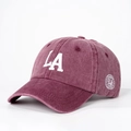 Adjustable washed cotton baseball cap in burgundy with LA embroidery and side patch - One Size / Burgundy