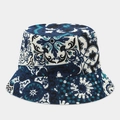 Detailed top view of double-sided bucket hat with vintage blue floral patterns - Dark Light Blue Vintage Geometric Floral Style (12#色)
