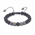 Detail of 8mm volcanic stone beads and colorful striped gems on adjustable braided bracelet - Black Lava Stone with Mixed Color Striped Bead (款式-04)